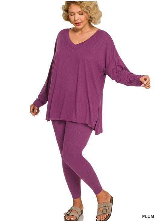 Zenana Outfitters Pants - New!Plus Size Plum V-Neck Loungeset Top & Leggings - Size 1X